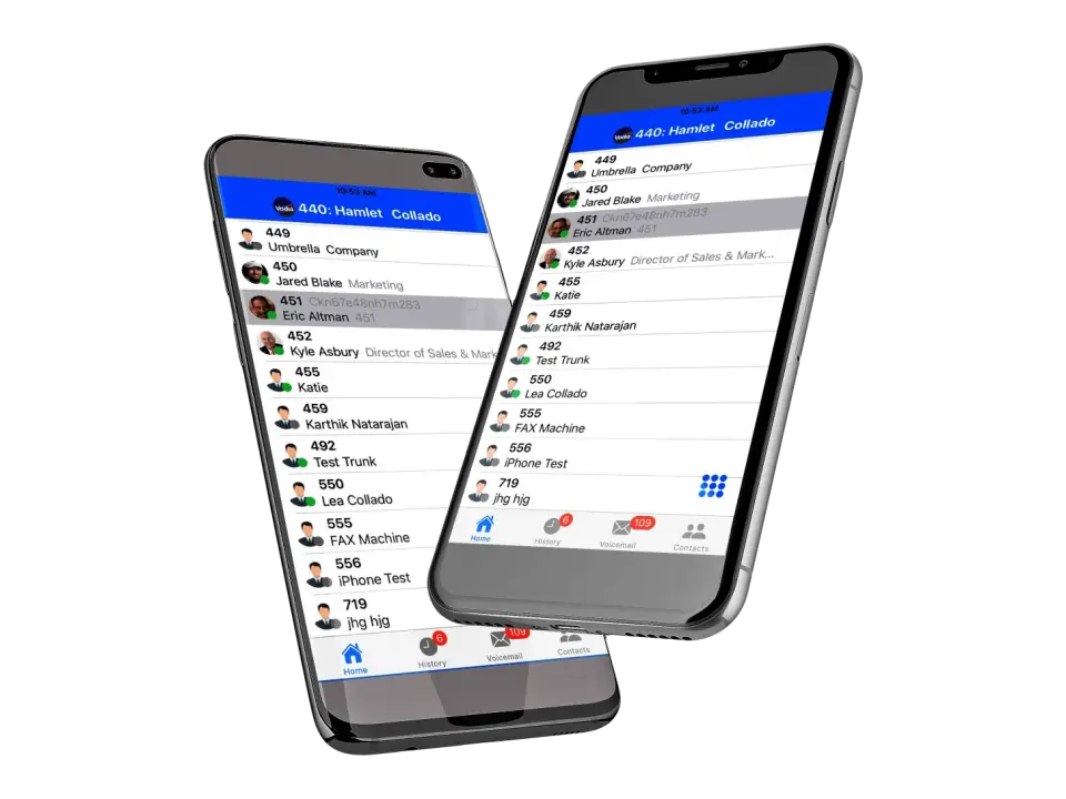 Zwei Smartphones mit der Nebenstellenliste der fonIQ App