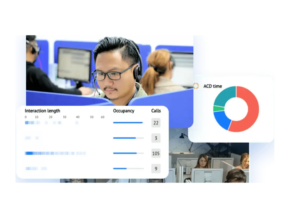 Callcenter-Agent mit Headset neben einer Auswertung der Warteschlange