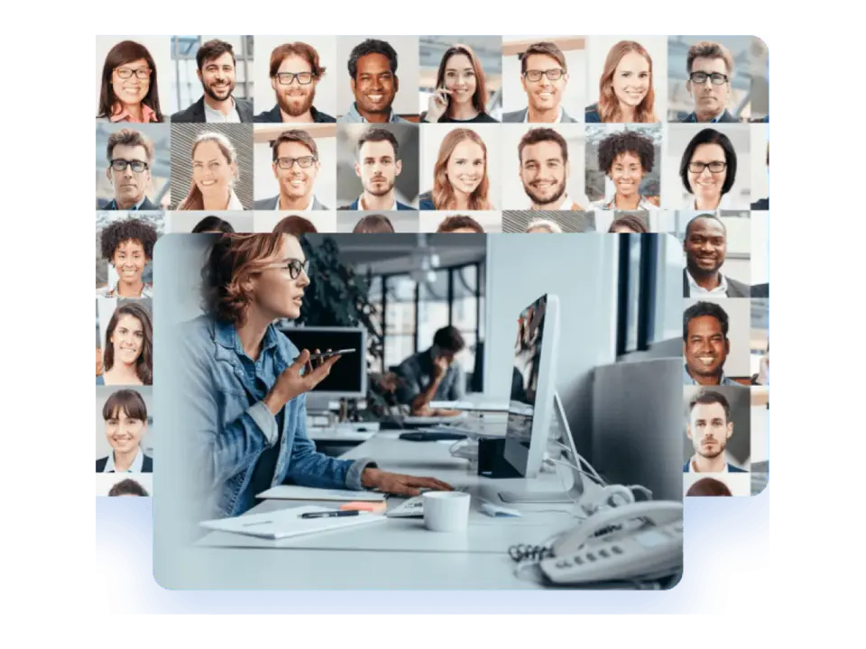 Mitarbeiterin im Callcenter vor einer Wand aus Kontaktbildern
