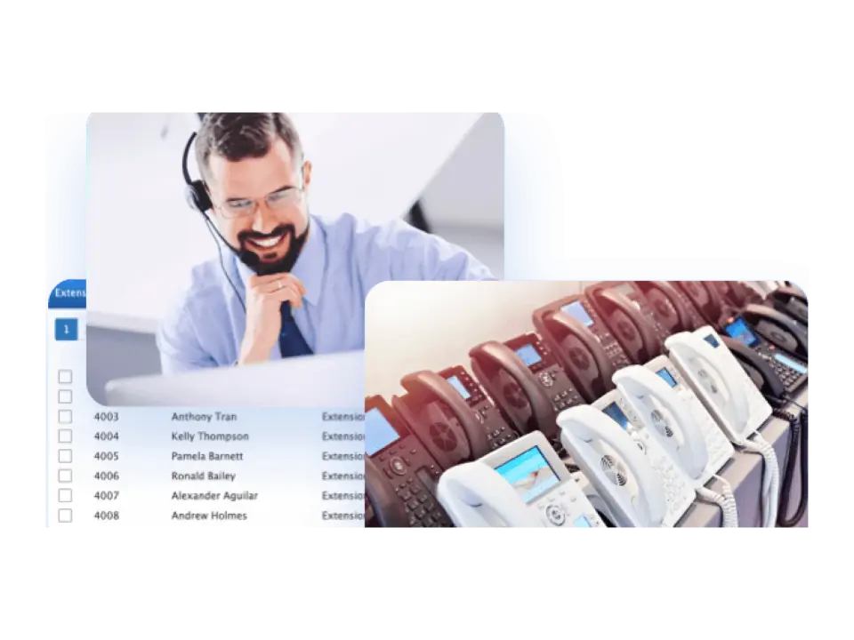 Mitarbeiter mit Headset und eine Reihe von VoIP-Tischtelefonen