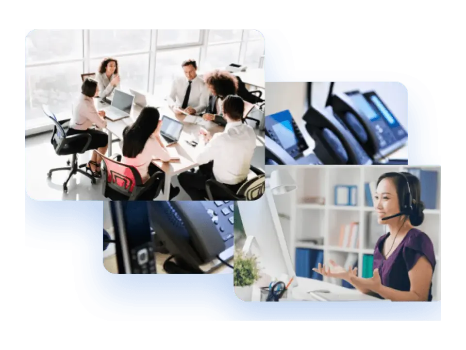 Mitarbeiterinnen und Mitarbeiter im Büro und im Callcenter beim Telefonieren